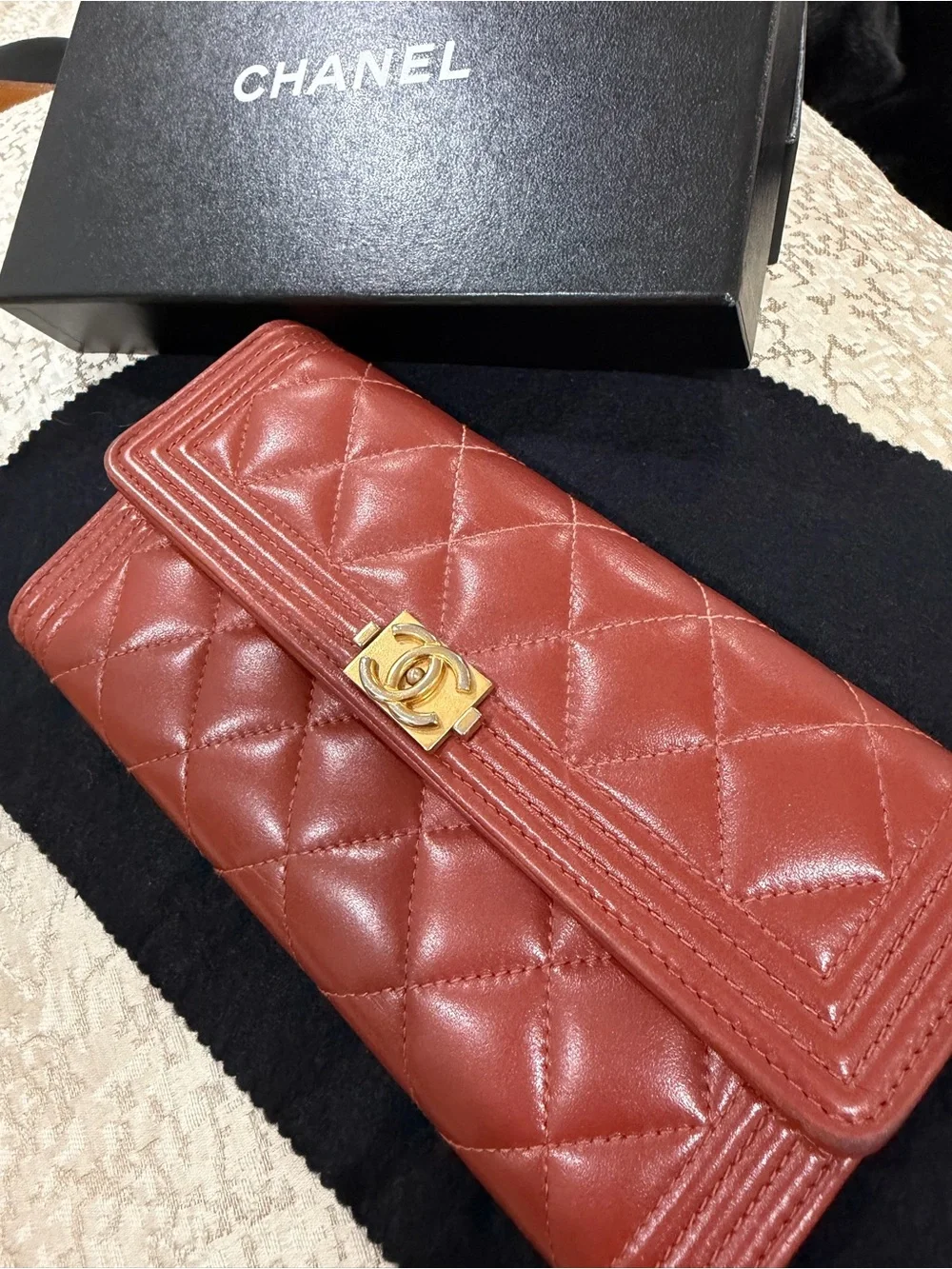 CHANEL Quilted Burgundy Leather Wallet with Gold CC Turnlock